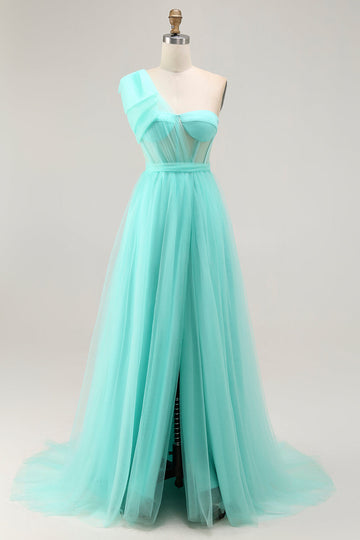 Mint Green A Line One Shoulder Corset Long Prom Dress With Slit